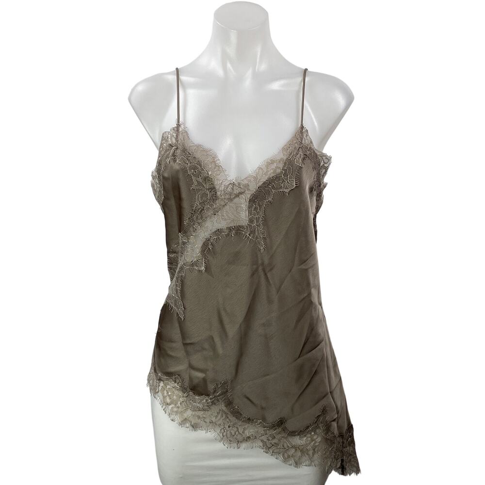 Zara Women's Taupe Sleeveless Satin Asymmetrical Floral Lace Camisole Top Size M